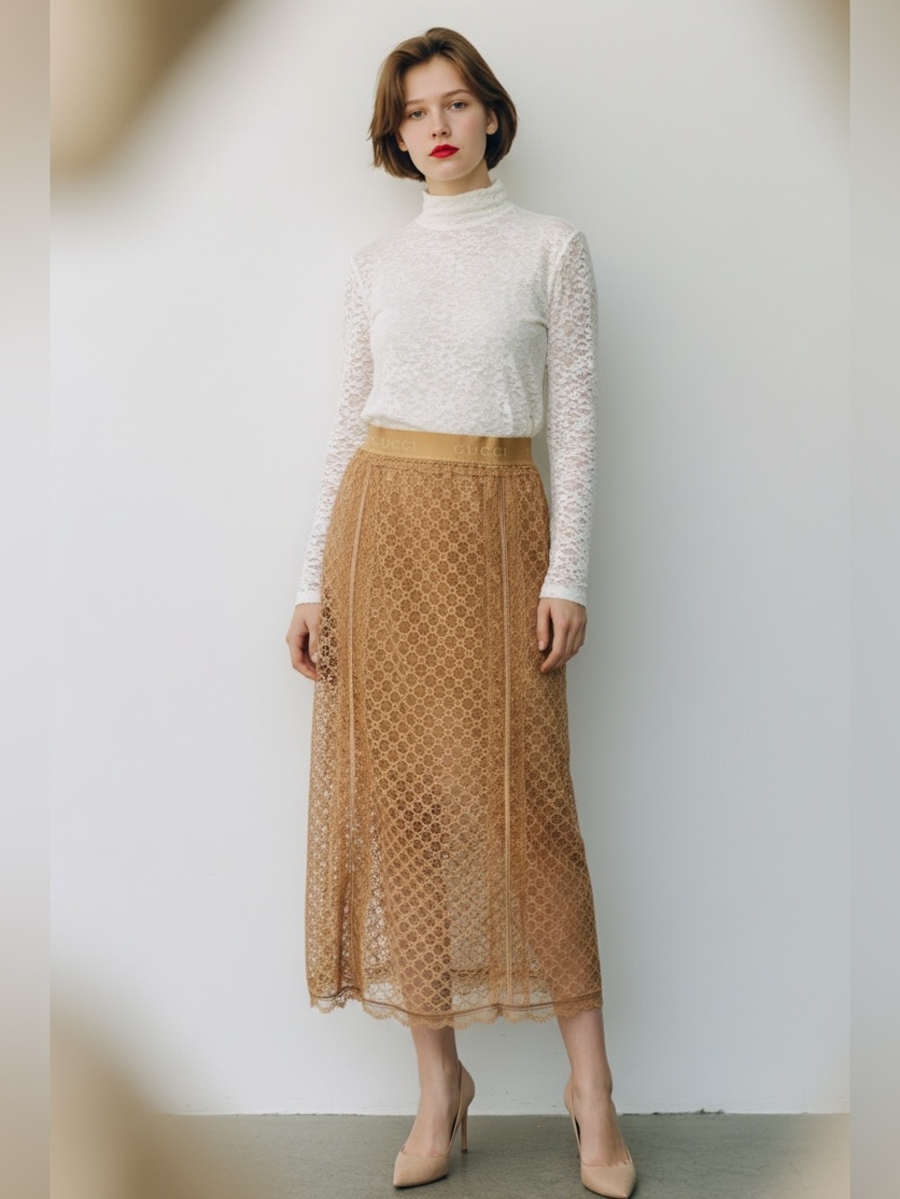 Gucci NWT GG-Embroidered Lace Midi Skirt Brown Size Medium